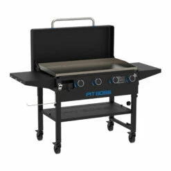 Pit Boss 4-Burner Deluxe Griddle With Side Shelves + Lid -Ash Roamer Sales Store 10963 4BDeluxe Studio Side Angle